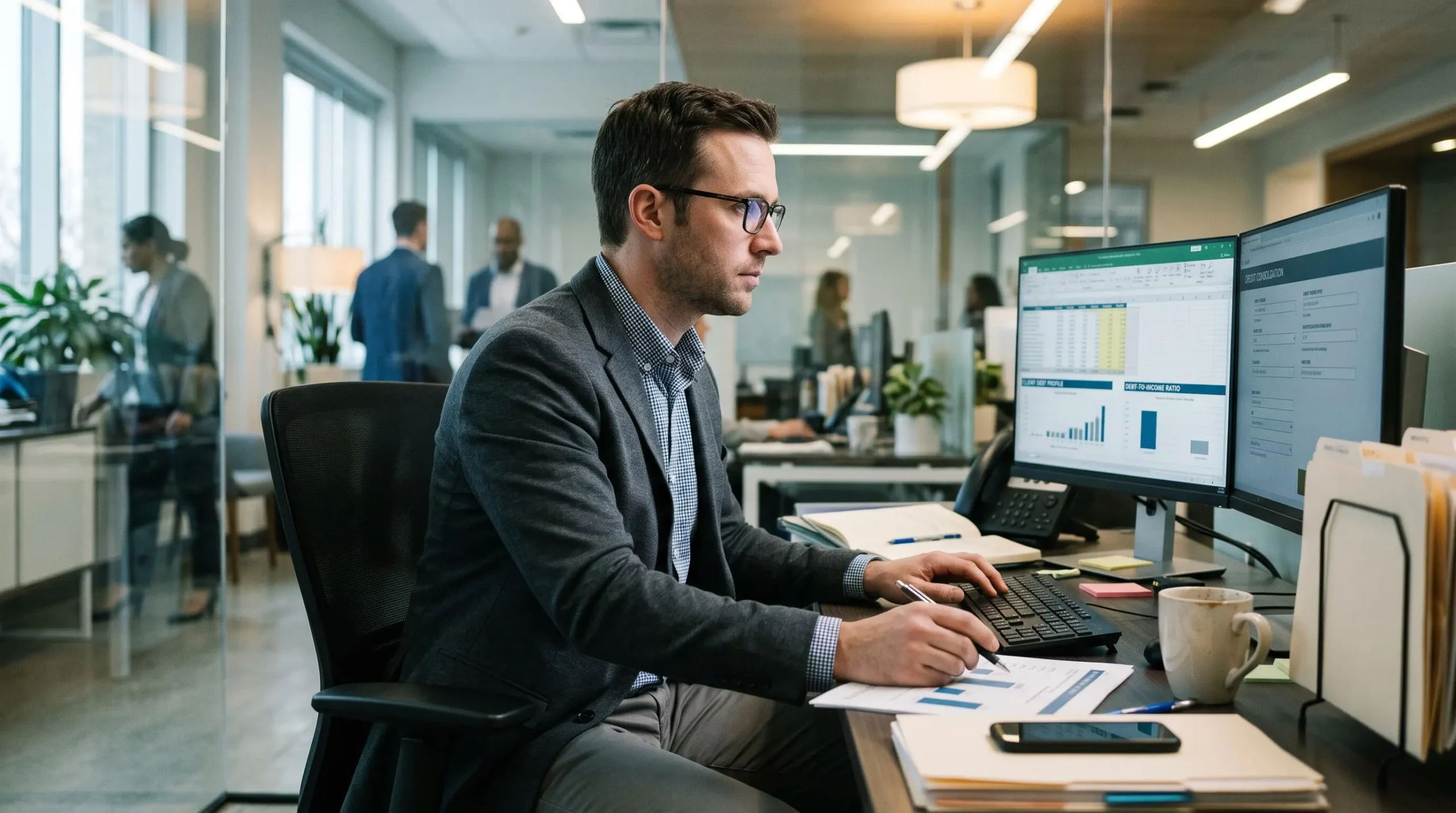 Un conseiller bancaire analyse des données financières sur ordinateur dans son espace de travail professionnel