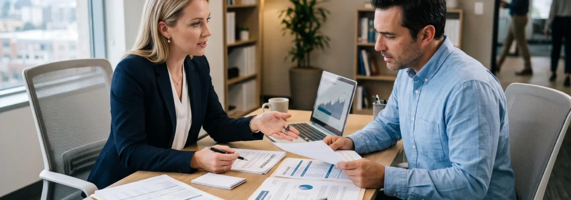 Un conseiller financier et son client examinent plusieurs documents de crédit étalés sur un bureau dans un environnement bancaire professionnel