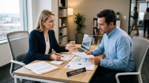 Un conseiller financier et son client examinent plusieurs documents de crédit étalés sur un bureau dans un environnement bancaire professionnel