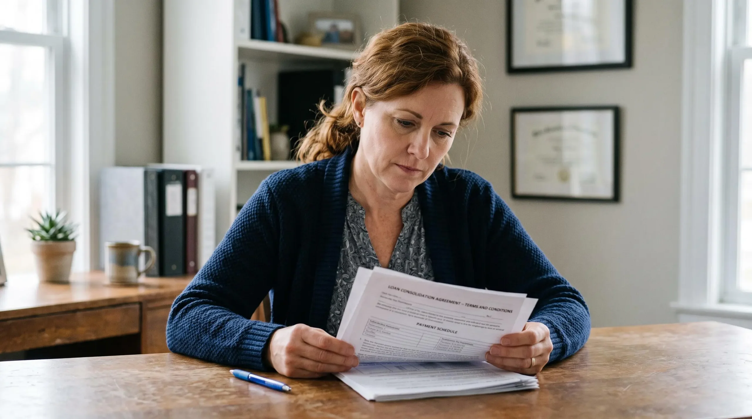 Une personne lit attentivement un document financier avec une expression concentrée